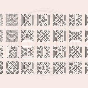 May include: A set of 24 black and white Celtic knot designs. The knots are all square and have a variety of intricate patterns.