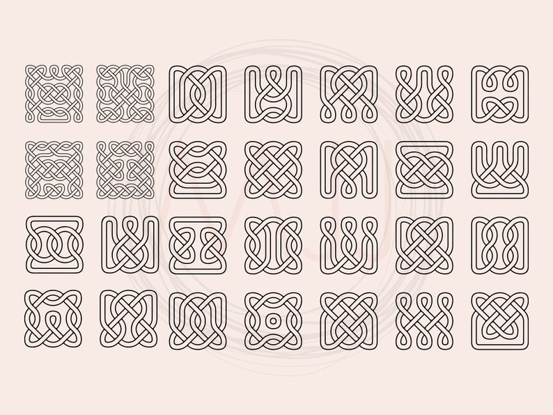 May include: A set of 24 black and white Celtic knot designs. The knots are all square and have a variety of intricate patterns.