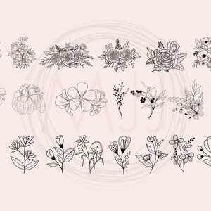 May include: A set of 20 black and white line drawings of various floral arrangements and individual flowers. The flowers are drawn in a simple, minimalist style.