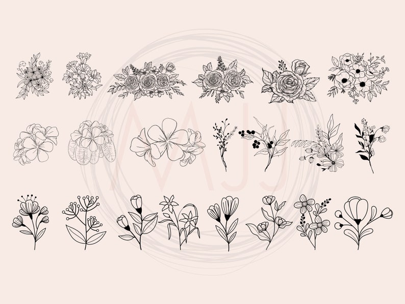 May include: A set of 20 black and white line drawings of various floral arrangements and individual flowers. The flowers are drawn in a simple, minimalist style.