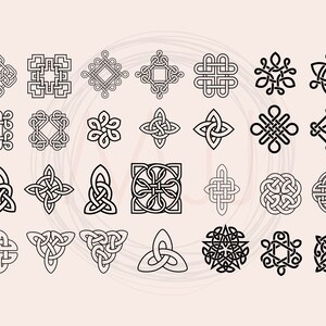 May include: A set of 25 black and white Celtic knot designs. The knots are intricate and detailed, and they are arranged in a grid pattern.