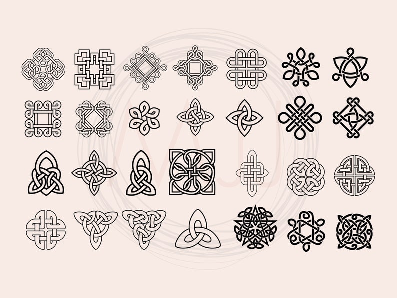 May include: A set of 25 black and white Celtic knot designs. The knots are intricate and detailed, and they are arranged in a grid pattern.