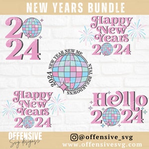 Puede incluir: Un conjunto de cuatro diseños digitales que presentan una bola de discoteca, fuegos artificiales y el texto "Happy New Years 2024" y "Hello 2024". Los diseños son en rosa, azul y blanco.