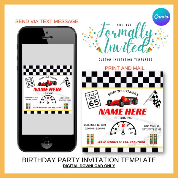 Racecar Birthday Party Invitation, Kids Birthday Invitation, Editable Invitation Template, Instant Download, Printable Invitation