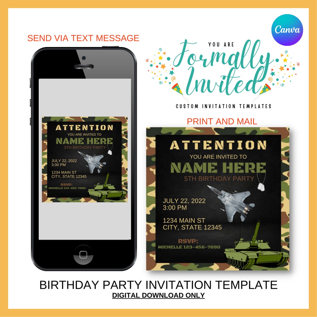 Military Birthday Party Invitation, Kids Birthday Invitation, Editable ...