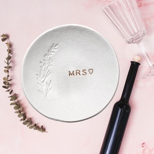 Personalized Clay Ring Dish - Unique Engagement Gift for Bride | Custom &quot;Mrs.&quot; Trinket Dish | LEAF IMPRINT