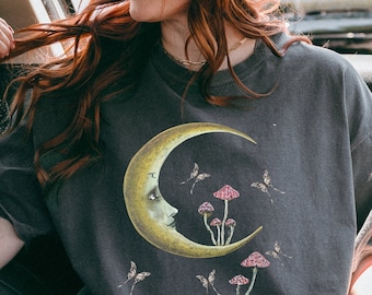 Moon and Mushroom Moth Shirt Unisex Garment-Dyed T-shirt
