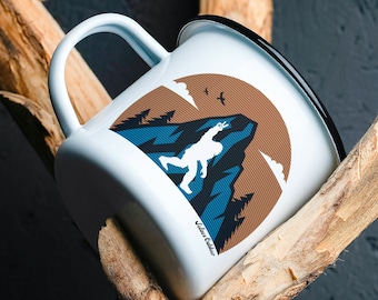 Custom Bigfoot Mug Mountain Sasquatch camping enamel mugs for him Personalized gifts for Hikers Campers RV Cabin decor Forest coffee cup