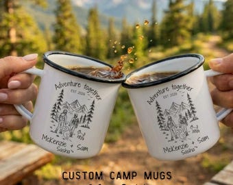 Adventure Together Engagement Mug -Line Art Personalized gift for Camping - National Park lover - Custom Hiking Couple with Dog Paw Print
