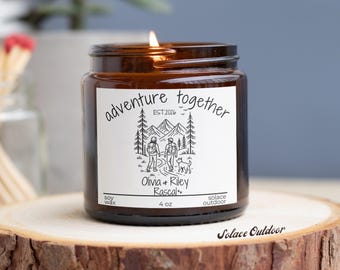 Personalized Candle Adventure Together Camping Gift for Couples + add your Furry Friend Paw Prints Scented Soy Candle Amber Glass