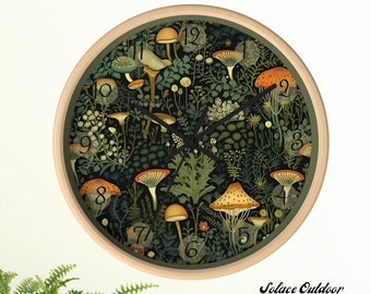 May include: Round wall clock with a light wood frame and a dark green face featuring a mushroom and foliage design. The clock has black hands and large, stylized numbers. The text "Solace Outdoor" is printed on the bottom right.