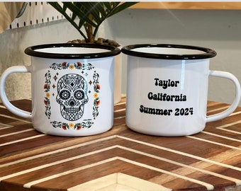 Personalized Floral Sugar Skull Camp Mug Custom Sugar Skull thinking of you Halloween Mug Dia De Los Muertos Memorial gift In Loving Memory