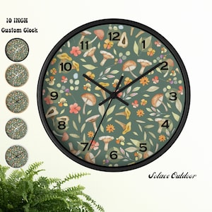 Earthy Green Mushroom Wall Clock Kitchen Round Wall Clock Cottagecore Mushroom Decor Gift for 2024 New Home Decor