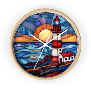 Lighthouse Gifts Stained Glass Lighthouse Round Wall Clock Coastal Decor Home Decor Lighthouse Wall Art Custom Clock with numbers or lines image 3