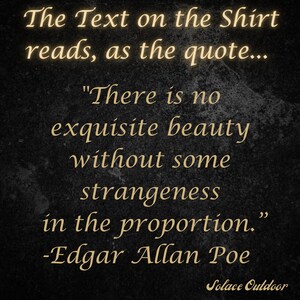 May include: A black and white image of a quote by Edgar Allan Poe on a dark textured background. The quote reads, "There is no exquisite beauty without some strangeness in the proportion."