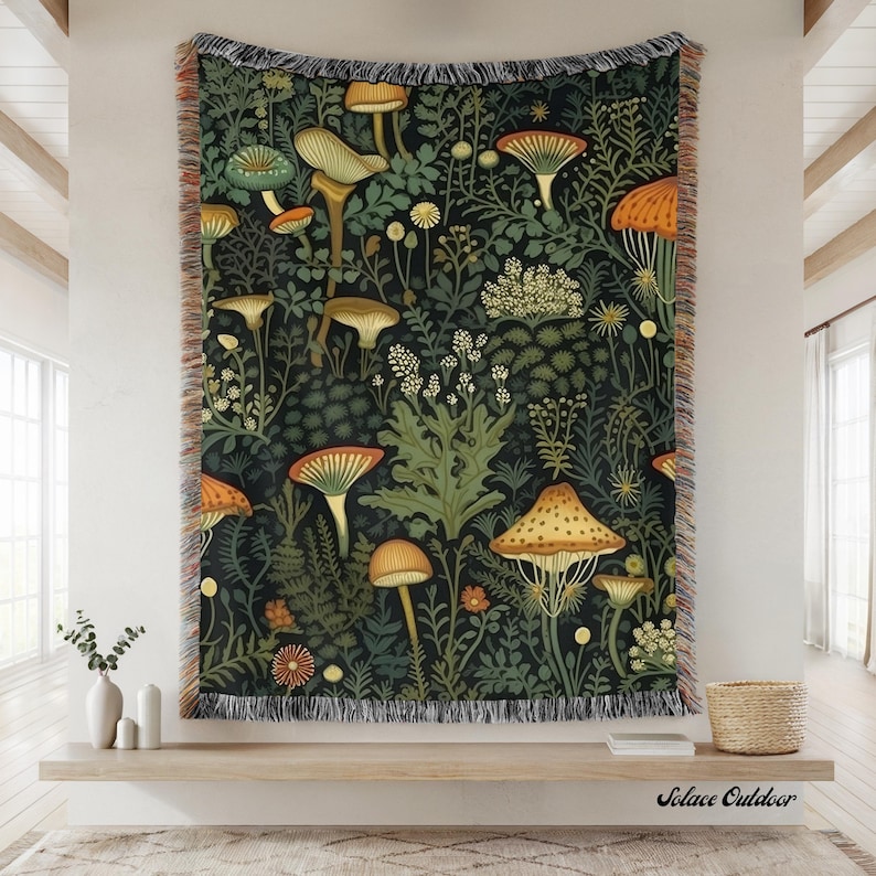 Mushroom Woven Blanket Moss Blanket Mushling Throw Blankets Fungi Mushroom Tapestry Wall Decor Cottagecore Decor Bild 1