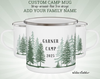 Personalized Campfire Mug: Pine tree (Pinetree) Forest Enamel Mug, Custom Camping Gift