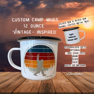 May include: A white enamel camping mug with a black rim and a vintage-inspired design featuring a Bigfoot silhouette against a sunset backdrop. The mug is 12 ounces and has the text "Solace Outdoor" on the bottom.