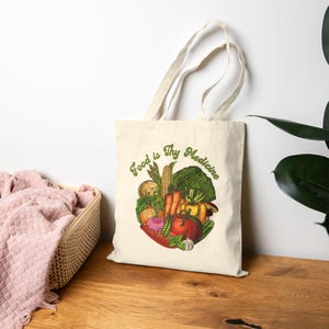 VEGAN Canvas Tote Bag | &#39;Food is Thy Medicine&quot; Vegetarian cotton market bag | Veganism tote bag | Vegan support | Animal Rights Plant based