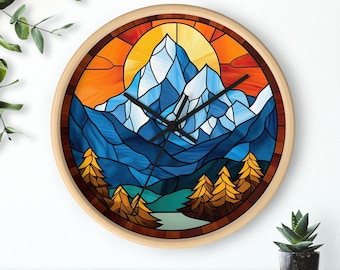 Stained Glass Mountain Wall Clock, Looks like Stained Glass, Custom Clock with Numbers, Clock with Time Lines are available Wall Home Decor