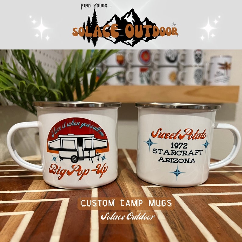 Custom Camp Mug retro Pop Up Camper with Retro Stars in Red Orange and blue colors and some black.
