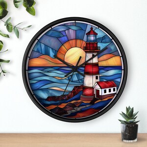 Lighthouse Gifts Stained Glass Lighthouse Round Wall Clock Coastal Decor Home Decor Lighthouse Wall Art Custom Clock with numbers or lines image 5