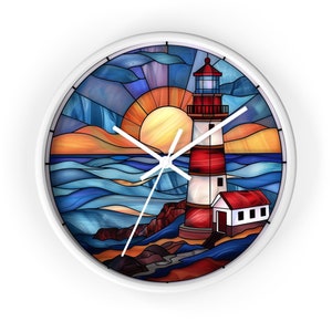 Lighthouse Gifts Stained Glass Lighthouse Round Wall Clock Coastal Decor Home Decor Lighthouse Wall Art Custom Clock with numbers or lines image 7