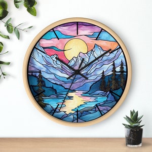 Sunset Stained Glass Mountain Wall Clock, Looks like Stained Glass Cabin Decor Clock with Number lines Silent Clock Travel Nature RV Camper