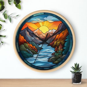 Sunrise Stained Glass Mountain Wall Clock, Looks like Stained Glass,Stained Glass Clock River, Nature Stained Glass, Cabin Wall Clock Decor