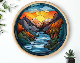 Sunrise Stained Glass Mountain Wall Clock, Looks like Stained Glass,Stained Glass Clock River, Nature Stained Glass, Cabin Wall Clock Decor