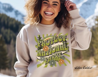 Sudadera retro de Parques Nacionales para regalo de Granola Girl y Traveler. Camiseta de cuello redondo "Protege nuestros parques", "Campamento de conservación", "Salva los bosques nacionales".
