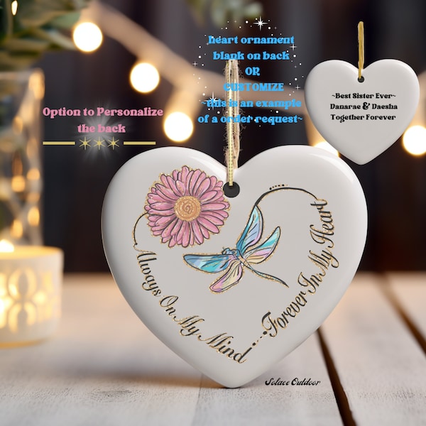 Christmas Memorial Heart Personalized Dragonfly Ceramic Christmas Tree Ornament, Custom Holiday Remembrance Honor Gift Loved One Loss Grief