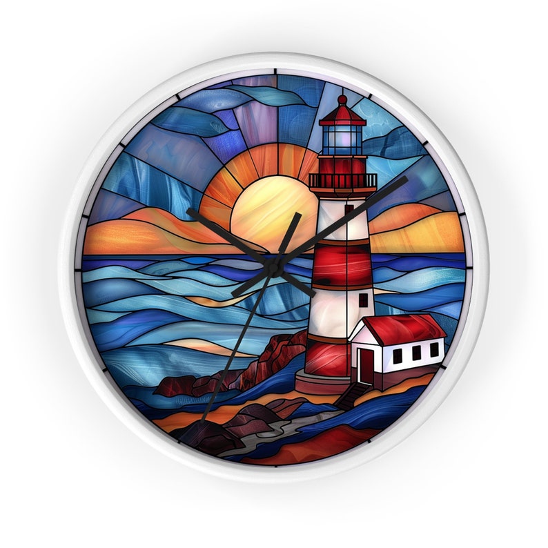 Lighthouse Gifts Stained Glass Lighthouse Round Wall Clock Coastal Decor Home Decor Lighthouse Wall Art Custom Clock with numbers or lines image 9