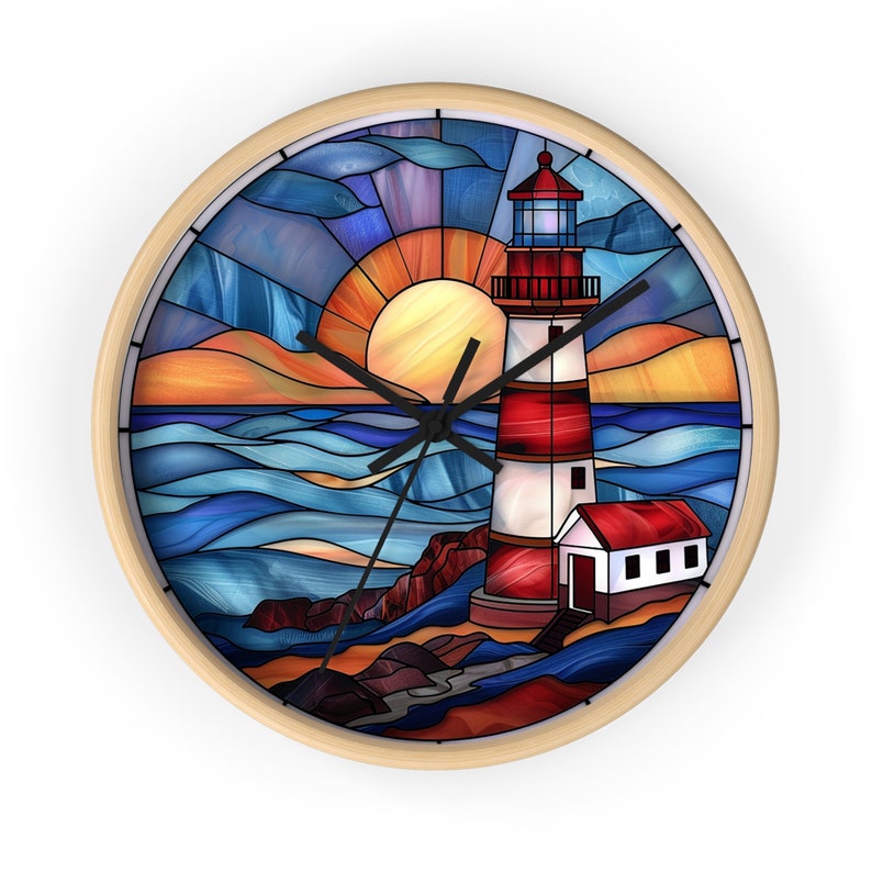 Lighthouse Gifts Stained Glass Lighthouse Round Wall Clock Coastal Decor Home Decor Lighthouse Wall Art Custom Clock with numbers or lines image 2