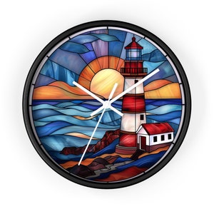 Lighthouse Gifts Stained Glass Lighthouse Round Wall Clock Coastal Decor Home Decor Lighthouse Wall Art Custom Clock with numbers or lines image 6