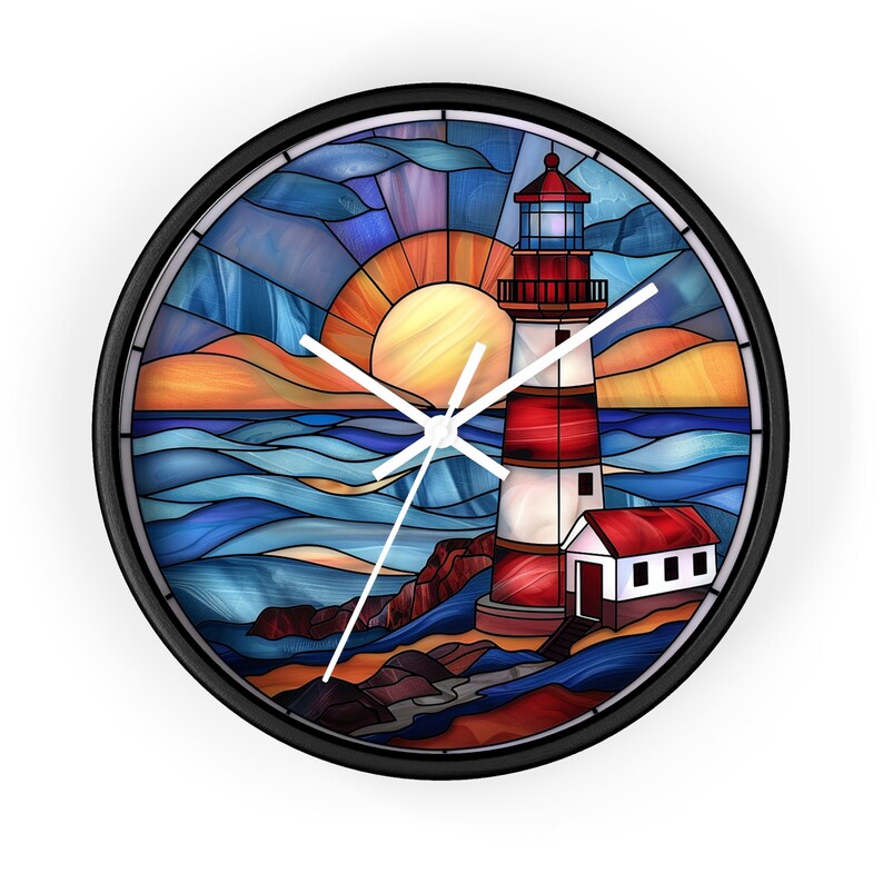 Lighthouse Gifts Stained Glass Lighthouse Round Wall Clock Coastal Decor Home Decor Lighthouse Wall Art Custom Clock with numbers or lines image 6