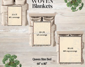 May include: Image showcasing woven blankets in various sizes: 52 x 37 inches, 60 x 50 inches, and 80 x 60 inches, displayed on beds. The text "WOVEN Blankets" is at the top. A queen-size bed is shown for reference, measuring 60 x 80 inches.