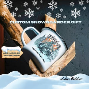 Custom Snowboarding Mug Personalized Skelton Snowboarder Gift Ski Name Enamel Camping Mugs Ski Trip Winter Outdoor lover Hot Chocolate Cups
