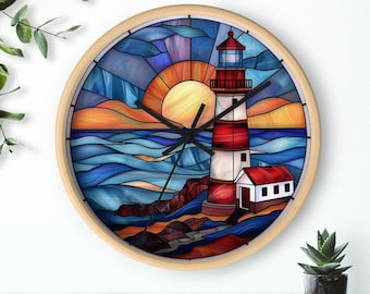 Lighthouse Gifts Stained Glass Lighthouse Round  Wall Clock Coastal Decor  Home Decor Lighthouse Wall Art Custom Clock with numbers or lines