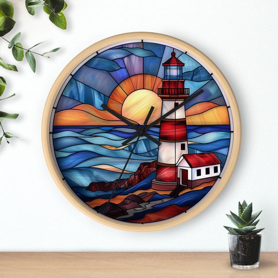 Lighthouse Gifts Stained Glass Lighthouse Round  Wall Clock Coastal Decor  Home Decor Lighthouse Wall Art Custom Clock with numbers or lines