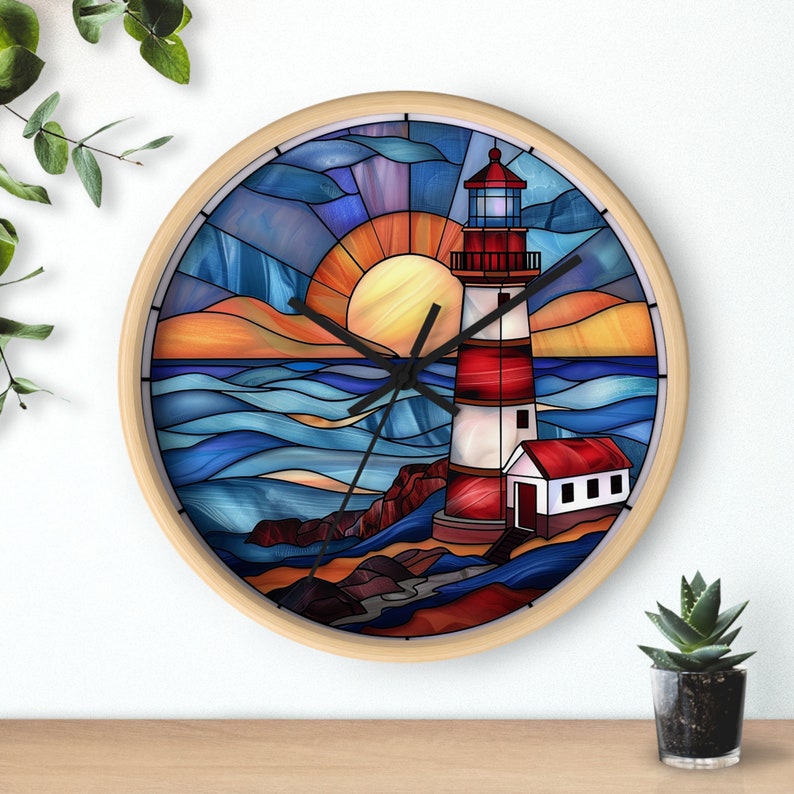 Lighthouse Clock, Stained Glass Clock, Waves Crashing Coastal Decor, Wall Clock