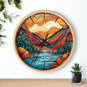 Amber Sunset Stained Glass River Mountain Wall Clock, Looks like Stained glass wall decor Home wall decor