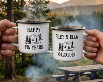 Ten Years Anniversary - Happy Tin Years Anniversary Mug - Couples gift - Personalized Tin Cups with your Names & Wedding Date - 10 year gift