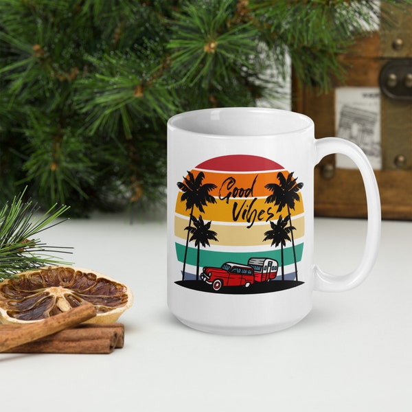 Vintage Style 50’s Red Station-Wagon & Camp Trailer Coffee Mug 15oz White glossy Camp Cup, Classic Red Sports Wagon birthday gift for Dad