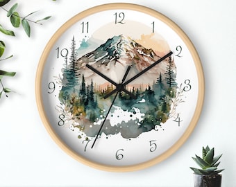 Mountains Decorative Wall Clock with numbers, Forest Wall Art, Woodland Theme Decor,  Watercolor Wall Clock, Pine-Trees couple gift