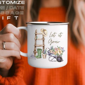 Custom Camp Mug Garden Gift,  Let it Grow, Flower child gift, community garden teacher camp mug makes a cute flower pot or pencil holder