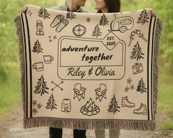 Personalized National Park Wedding Camping Blanket, Adventure Couples Woven Throw Blanket, Forest Doodle Wedding Engagement Anniversary Gift