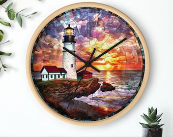 Lighthouse Clock, Stained Glass Wall Clock, Coastal Decor, Stained glass clock, Wall Clock Decor, Lighthouse Gifts, lighthouse wall clock