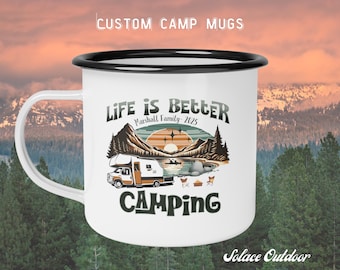 Personalized Campfire Mug: Retro Enamel Camping Cup, RV Van Life Gift- Cousin Family Reunion