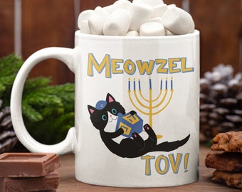 Mazel Tov Hanukkah Mug, Chanukkah Menorah Mug, Chanukah Cat Mug, Funny Jewish Hanucat Mug, Hanukah Kitten gift for Bubbe Ima